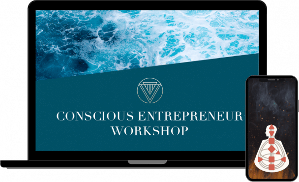 Mock-up eines Laptop Screens auf dem das Titelbild sowie die Überschrift "Conscious Entrepreneur Workshop" zu sehen ist sowie ein Smartphone mit einer Abbildung des Human Design Karte.